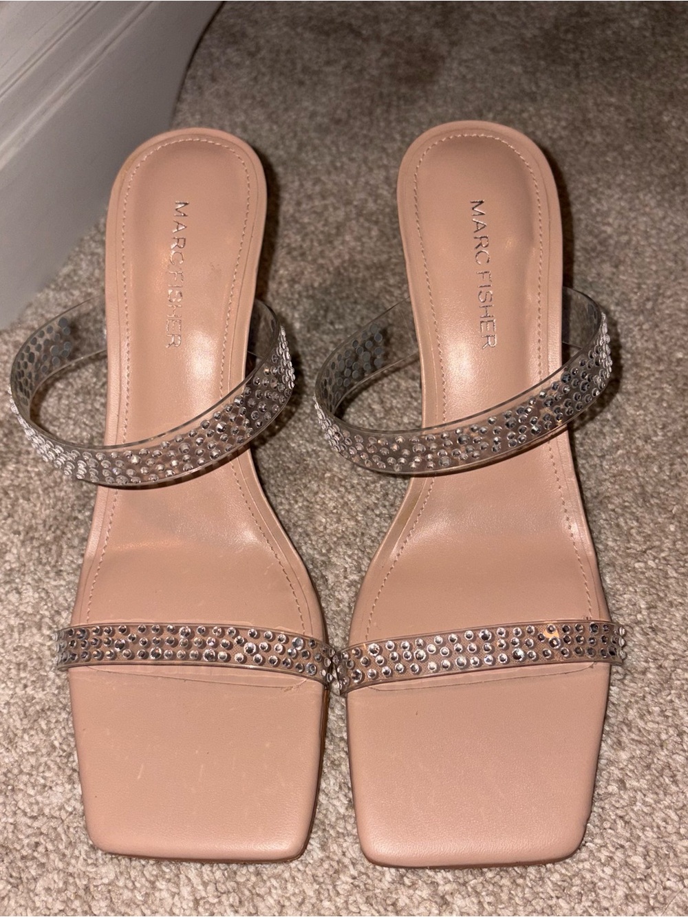 Marc Fisher Blush Nude Crystal-Embellished Two-Strap Mules